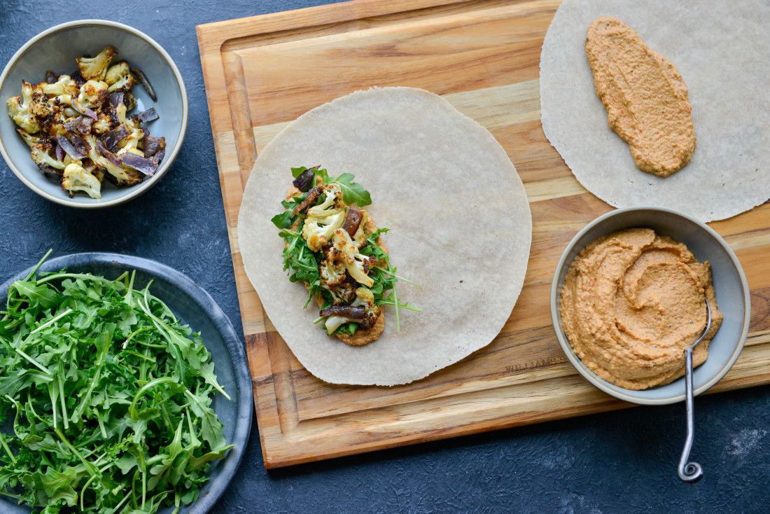 Roasted Cauliflower and Arugula Wraps with Red Pepper Chickpea Spread