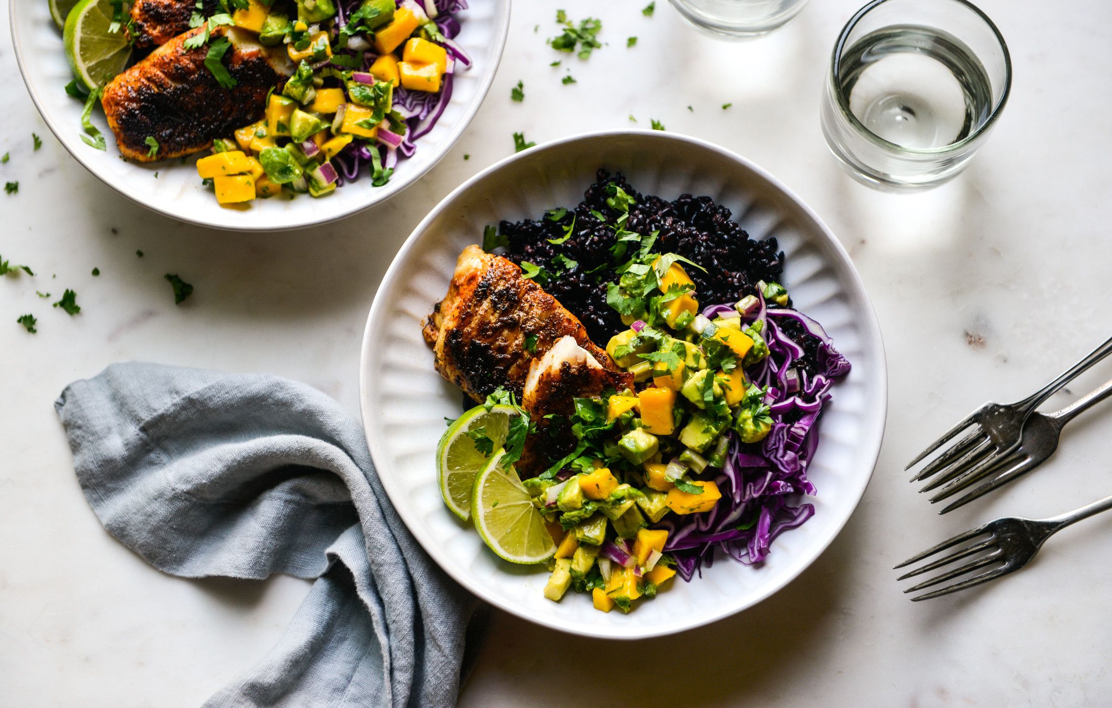 FISH TACO BOWLS WITH MANGO-AVOCADO SALSA-BLACK RICE-1