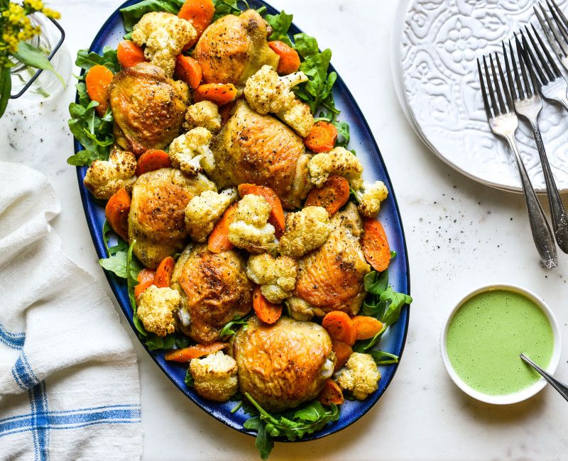 SHEET PAN CUMIN CHICKEN VEGETABLES SPICY YOGURT SAUCE-2